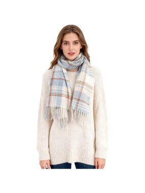 Women Cream Blue Check Winter Warm Shawl Wraps Tartan Blanket Oversized Scarves